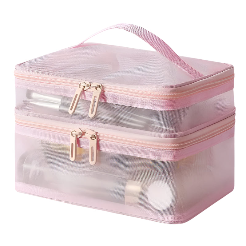 Hemasa Double Layer Mesh Cosmetic Bag  for Women/ Portable Make Up Case Big Capacity Travel Zipper Makeup Organizer Toiletry Storage Box
