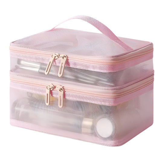 Hemasa Double Layer Mesh Cosmetic Bag  for Women/ Portable Make Up Case Big Capacity Travel Zipper Makeup Organizer Toiletry Storage Box