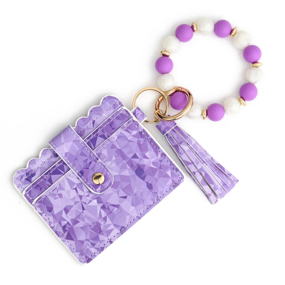 Hemasa Silicone Bead Bracelet  Leather Card Bag Wristlet Keychain Silicone Beaded Bracelet Leather Tassel Wallet Bangle