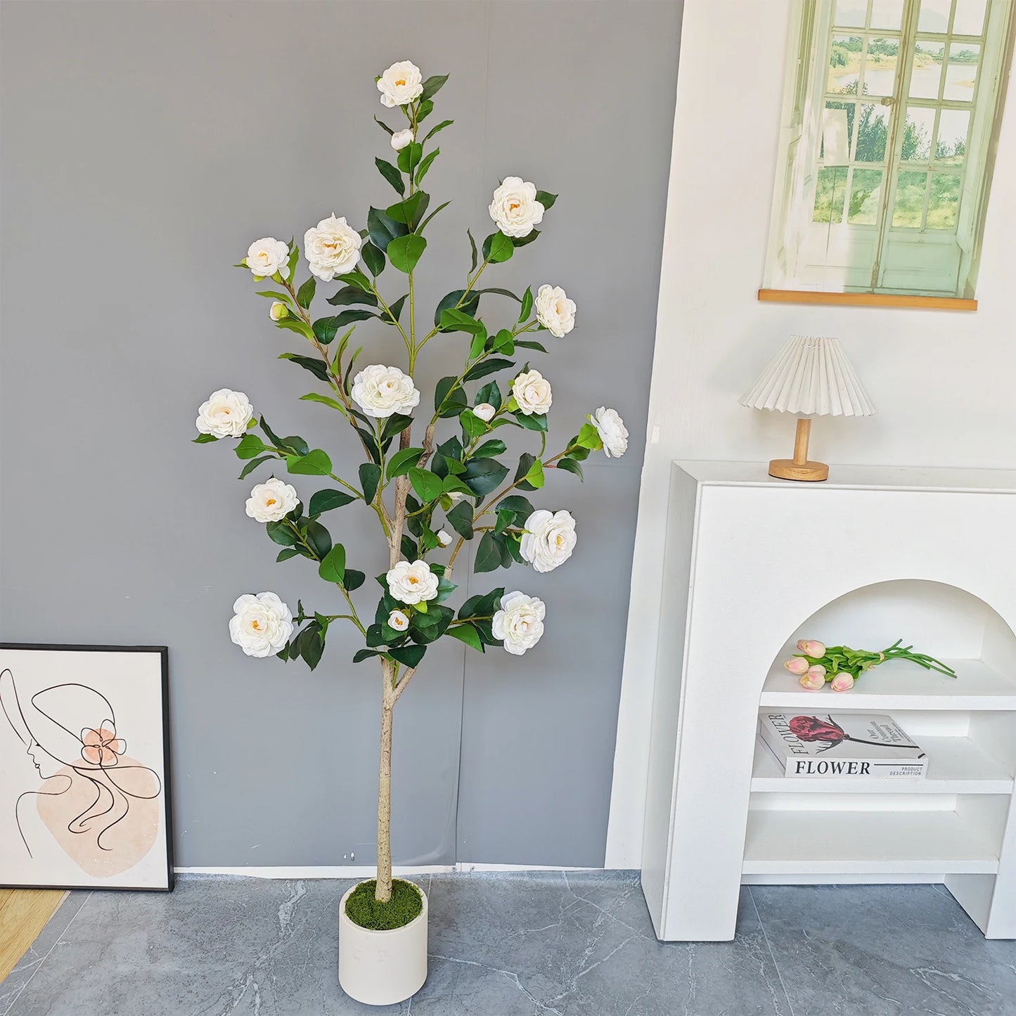 125-195CM New Artificial Camellia Tree with Plastic Pot indoor fake plant for home Living Room Office Garden Wedding Party