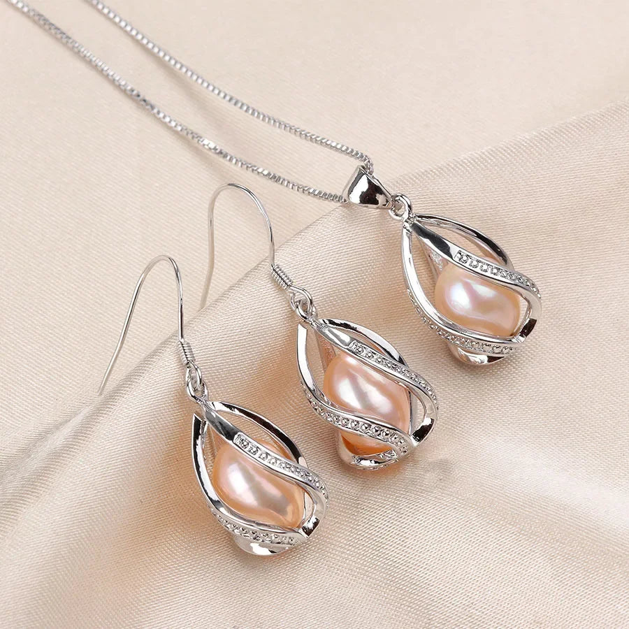 YWYC 8-9mm Natural Freshwater Pearl In Cage Pendant Necklace Drop Earrings & Pendant Jewelry Set for Women
