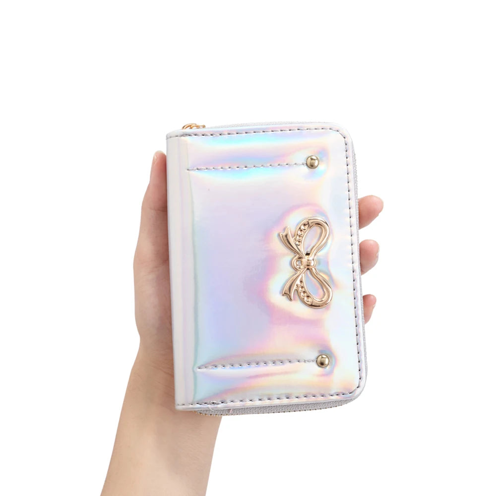 Heamsa  Pu Leather Card Holder /laser Clutch Bag/ Short Size Money Clip Bow Coin Purse for Girls