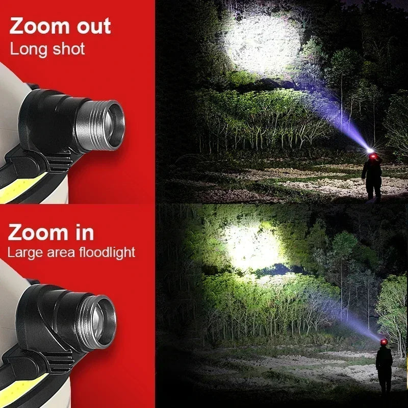 Super Bright XPG+COB Flood Sensing Headlight Type-C Charging Outdoor Zoom Fishing Hiking Lighting Headworn Flashlight