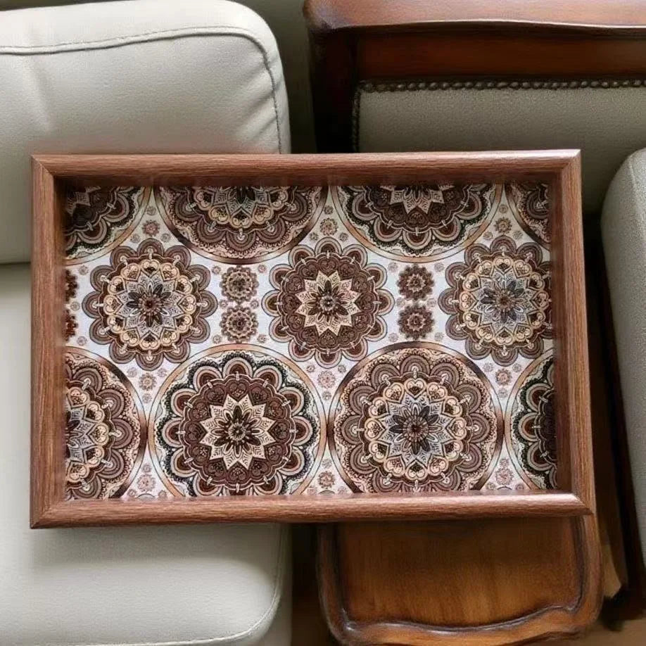 Tejesa Bohemian Style Wooden Leather Storage Tray for Living Room Desktop Jewelry Decorative Tray