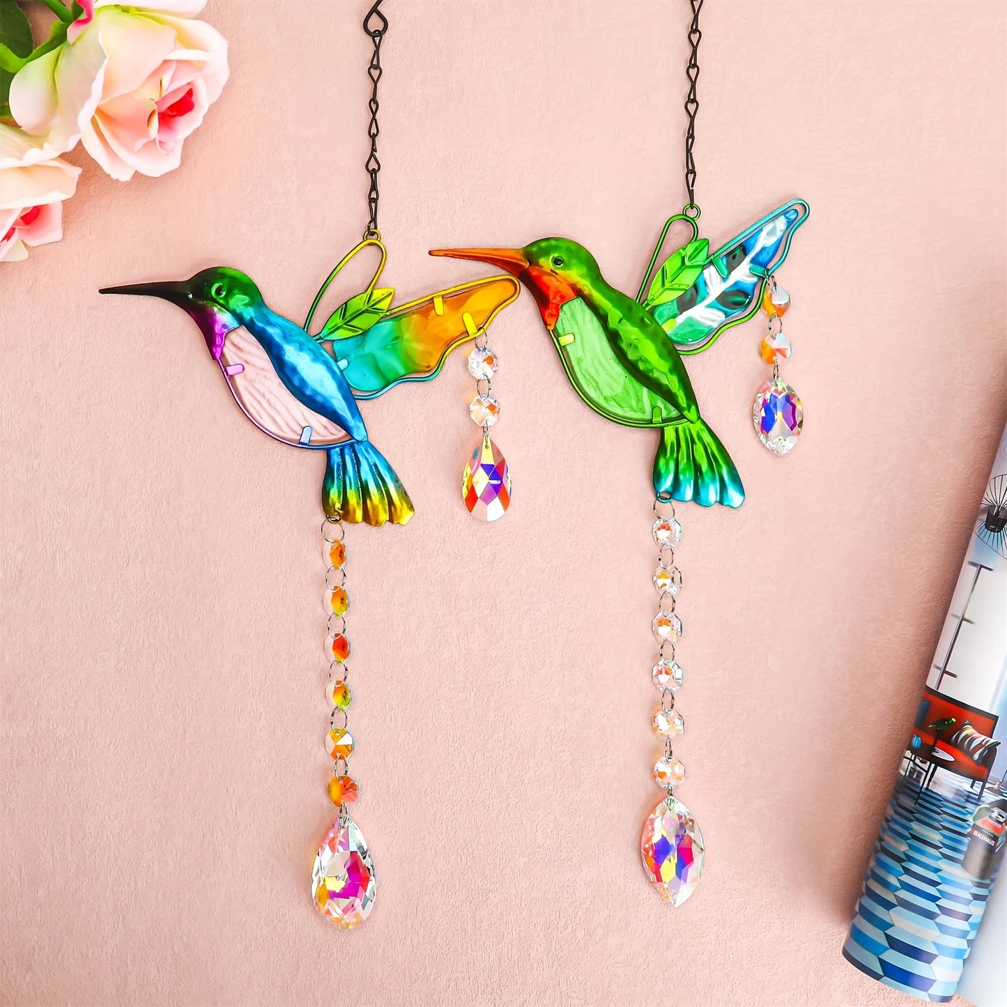Tejesa 2 hummingbird sun catchers   /stained glass window hangings/rainbow maker crystal prism sun catchers for outdoor and indoor home