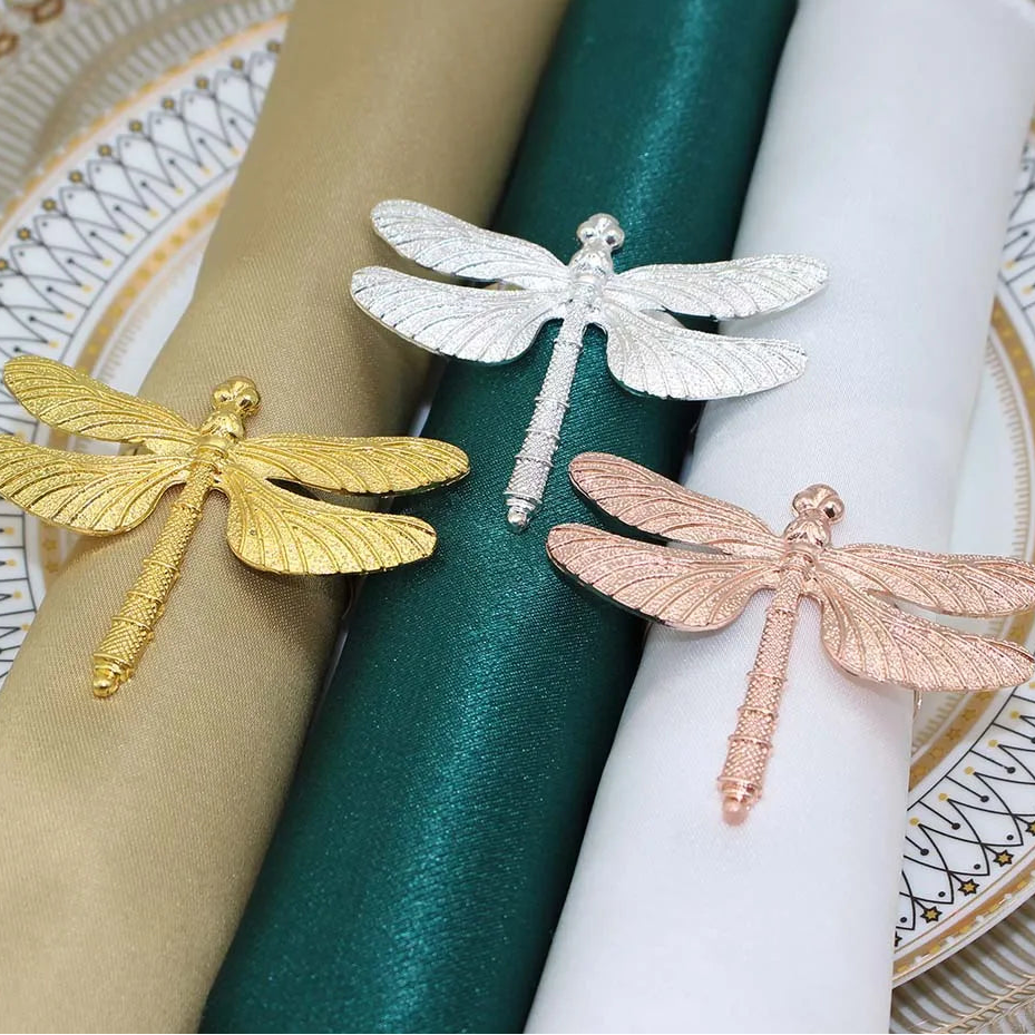 Hemasa 6Pcs Silver Napkin Rings/ Metal Dragonfly Napkin Holders for Table Decor