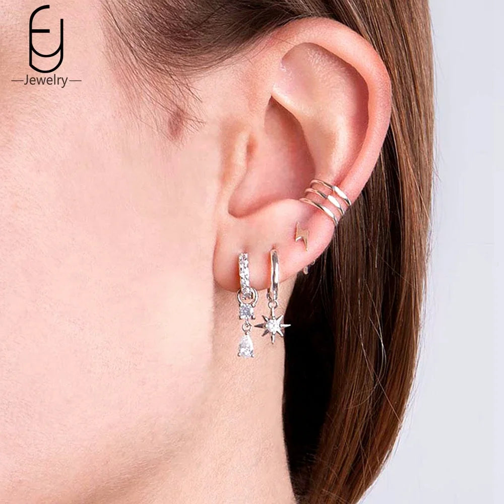 Hemasa 925 Sterling Silver Ear Buckles Fashion Hoop Earrings /White Crystal Luxury Women's Earrings Wedding Women's Jewelry Premium Gift
