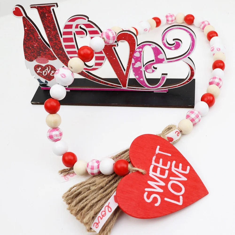 Freeship Sweet Love Wood Beads Garland Valentine’s Day Tiered Tray Decors Beaded Garland with Tassels Heart Shaped Pendant