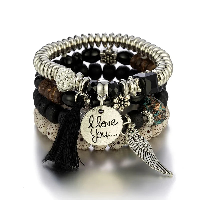 4Pcs Bohemian Beaded Bracelet Set For Women I Love You Letter Round Wing Tassel Charm Elastic Chain Bangle Girls Boho Jewelry