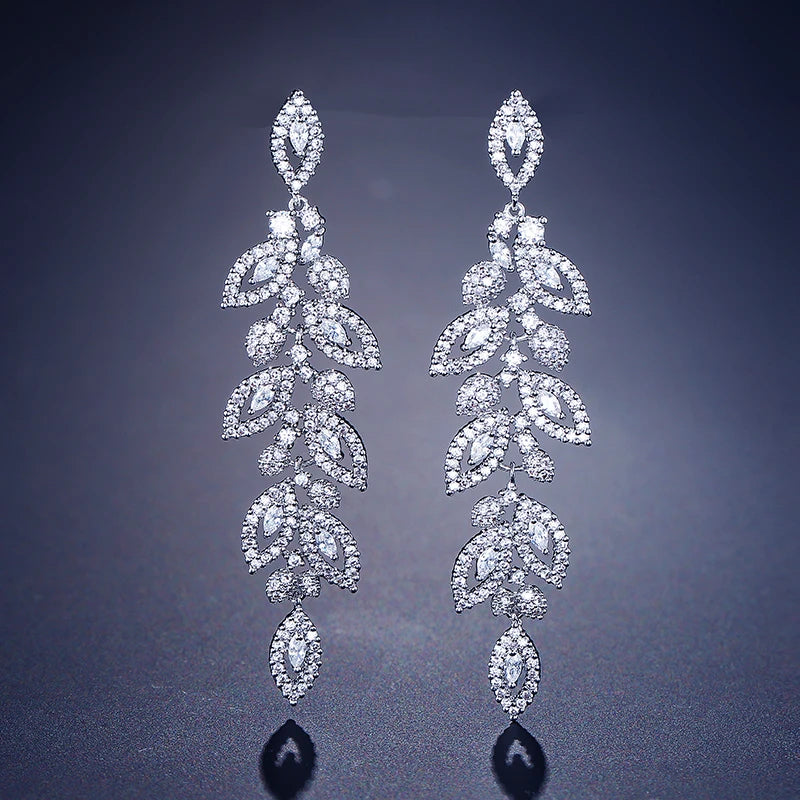 Hemasa Luxury Shiny Zircon Polish Bridal Wedding Dange Earrings Elegant Marquise Leaf AAA CZ Long Drop Earring Party Jewelry