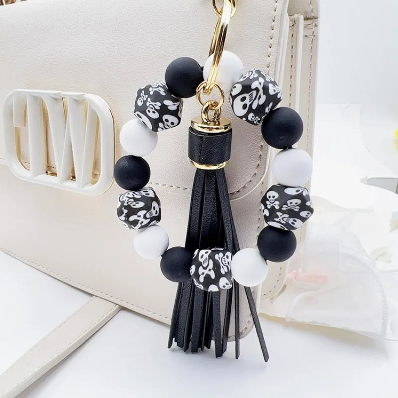 Hemasa Silicone Leopard Print Beads with  Tassel Car Keychain /Key Ring