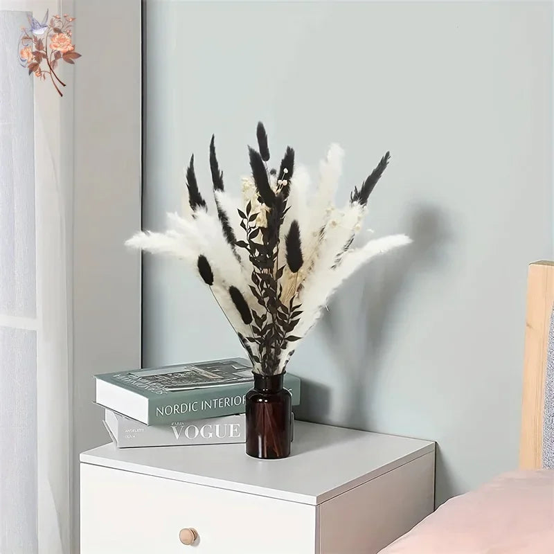 45pcs Dried Flowers Bouquet Black White Style Fluffy Pampas Rabbit Tail Grass for Halloween Party Decoration Home Accessories