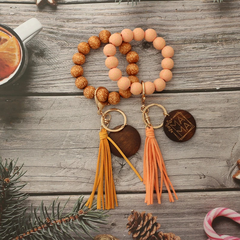 Hemasa Silicon Beads MAMA Monogram Wood Blank Wooden Disc Bracelet Tassel Keychain Wristlet Gift for Her Key Ring