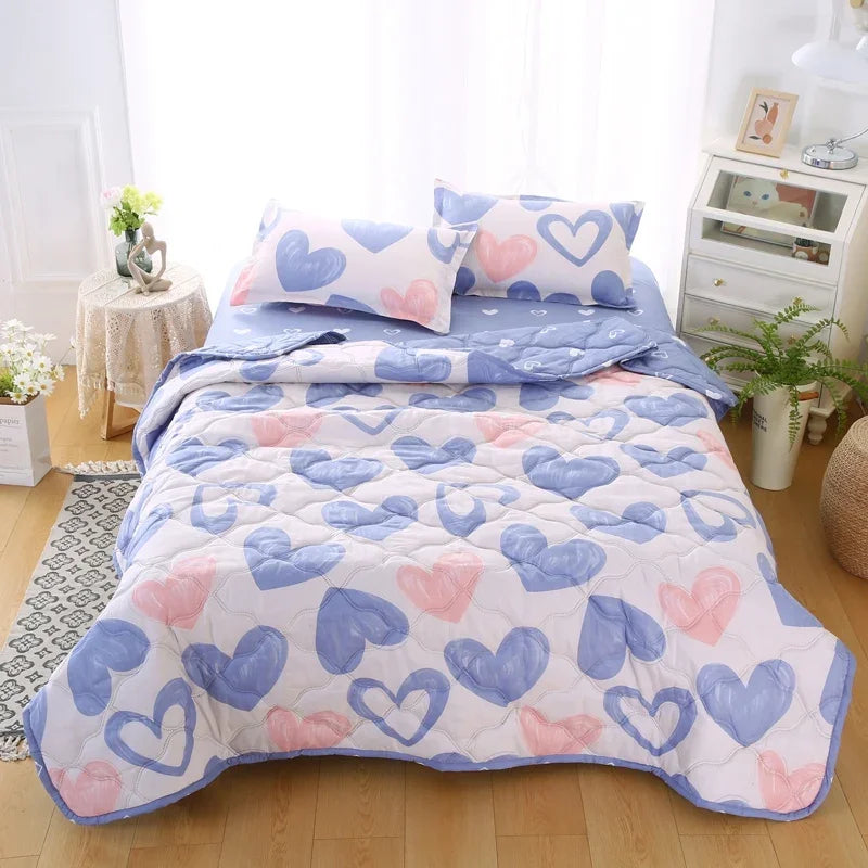 Quilted Summer Quilt and Pillowcase or Single Quilts Soft Breathable Washable Thin Comforter Double Blanket