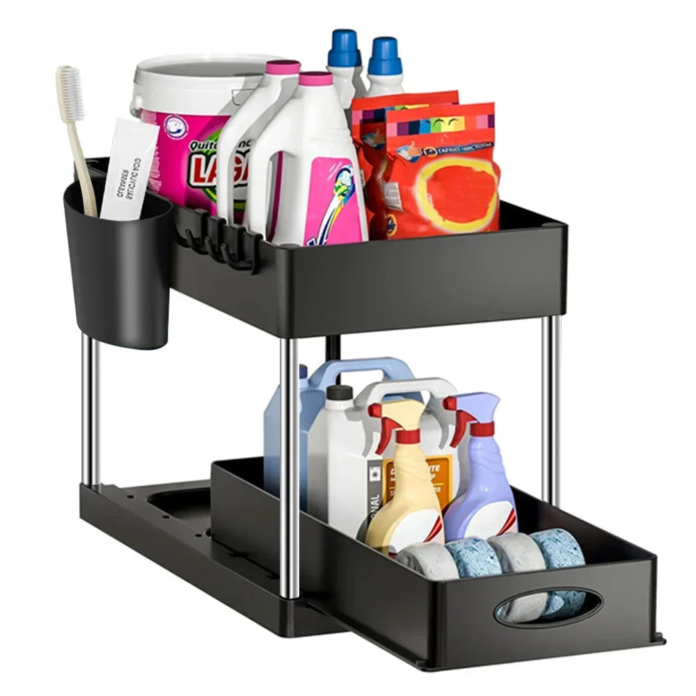 Hemasa 2 Floors Lower Sink Organizer Sliding Cabinet Basket Organizer Storage Shelf Hanger Hanging Cup Bathroom Kitchen Organizer