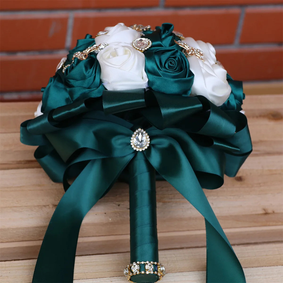Tejesa Ivory Champagne Bridal Wedding Bouquet with Crystal Artificial Silk Rose Flower Bouquet for Quinceanera Bride Wedding