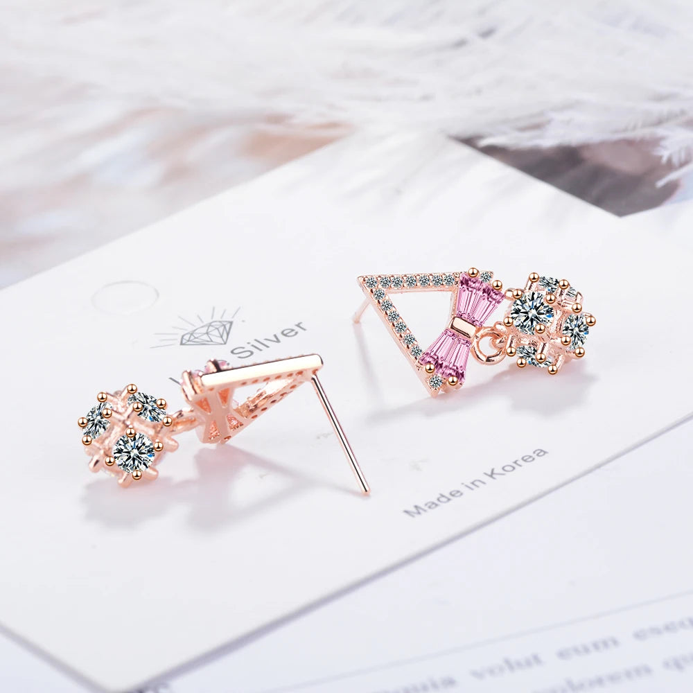 Charming 925 Sterling Silver Ultra-flash Zirconia Geometric Triangle Bowknot Earrings For Women Gift oorbellen S-E815