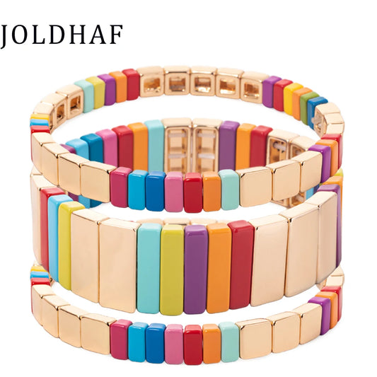 Wholesale Enamel Bracelets Set Gold Color Bangle For Women Colorful Beads Elastic Bracelets Handmade  Beads Jewelry