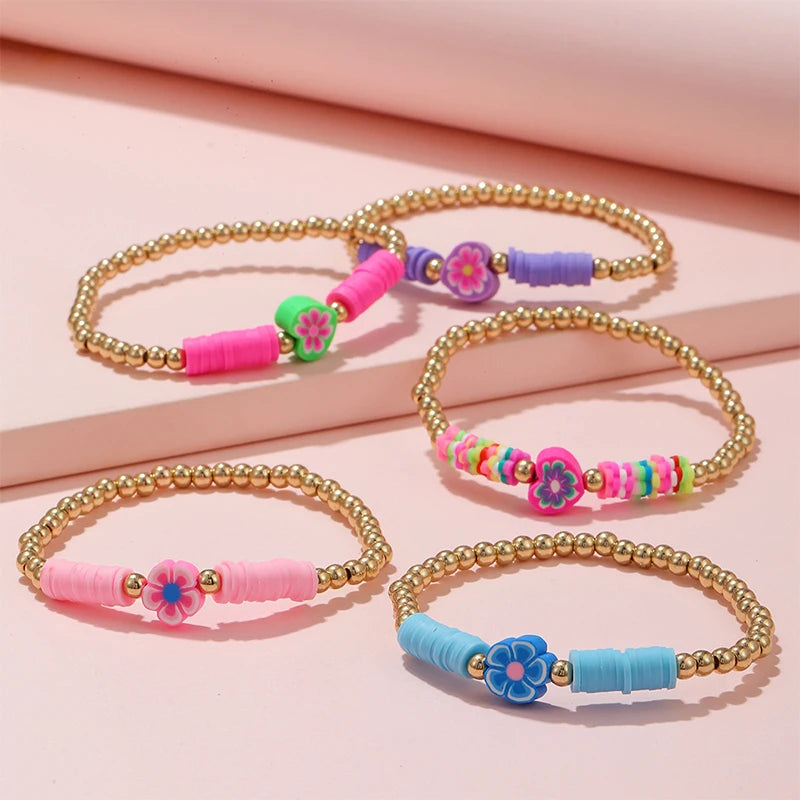 Hemasa 5Pcs/set Handmade Flower Heart Shape Polymer Clay Beads Bracelets  for  Girls