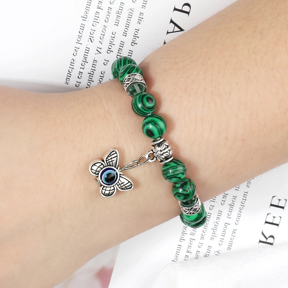 Hemasa Malachite Beads  Bracelet with  Evil Eye Pendant