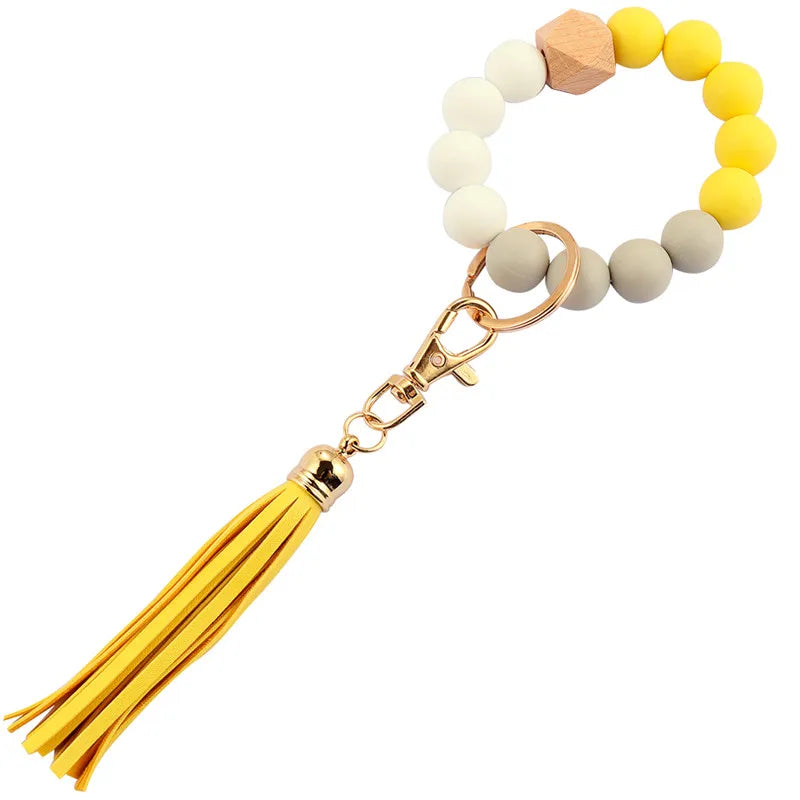 Hemasa  Silicone Wood Beads Keychain Keyring For Women Wristlet Bracelet Pendant Keychain With Jewelry Accessories