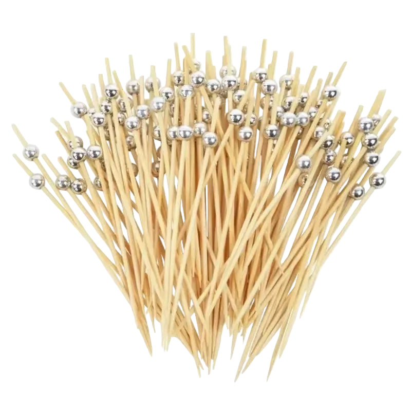 Tejesa 200PCS Gold Silvery White Pearl Bamboo Skewers Fruit Pearl Bamboo Skewers Party Cake Dessert Cocktail Food Buffet Toothpick
