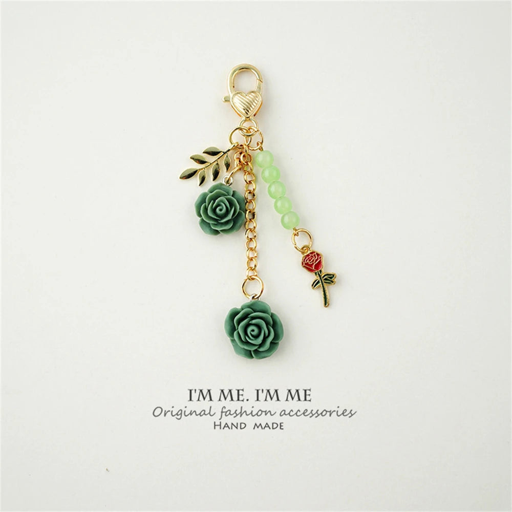Fashion Imitation Pearl Flower Keychain Cute Sakura Rose Plush Ball Keyring for Women Girls Car Handbag Phone Pendant Accessorie