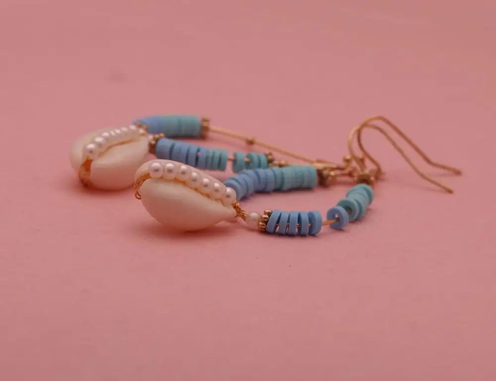 Hemasa Boho Polymer Clay Heishi Beads Cowrie Seashell Hook Earrings Women Girl (Set of 2)