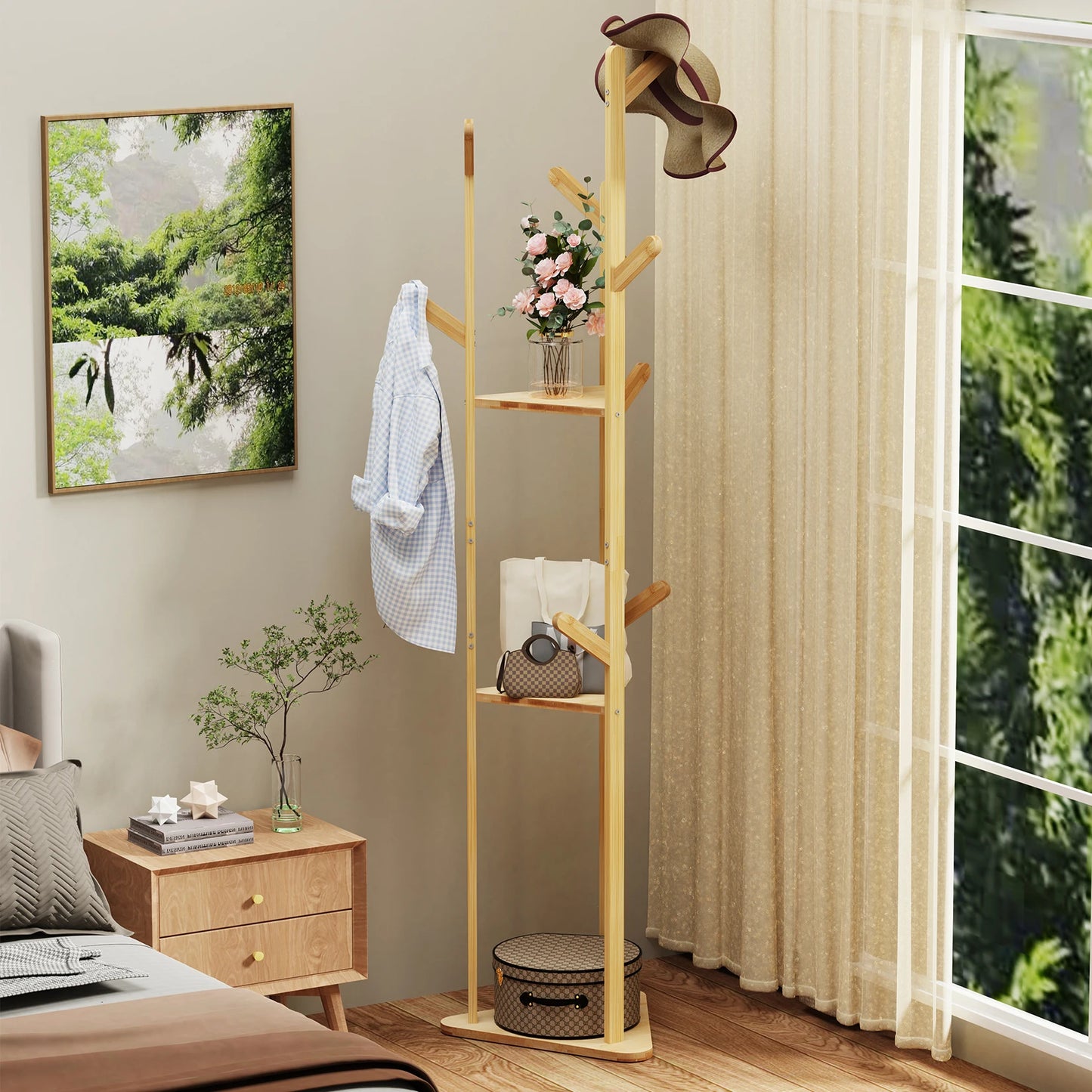 Floor Tree Clothes Coat Hanger Rack Garment Storage Stand with 10 Hanging Hooks and Shelf