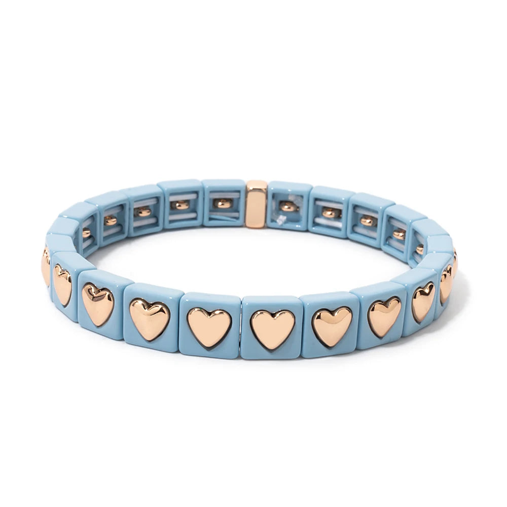 8mm Square Shape Love Bangle For Women Rainbow Color Peach Boho Enamel Elastic Beads Bracelets