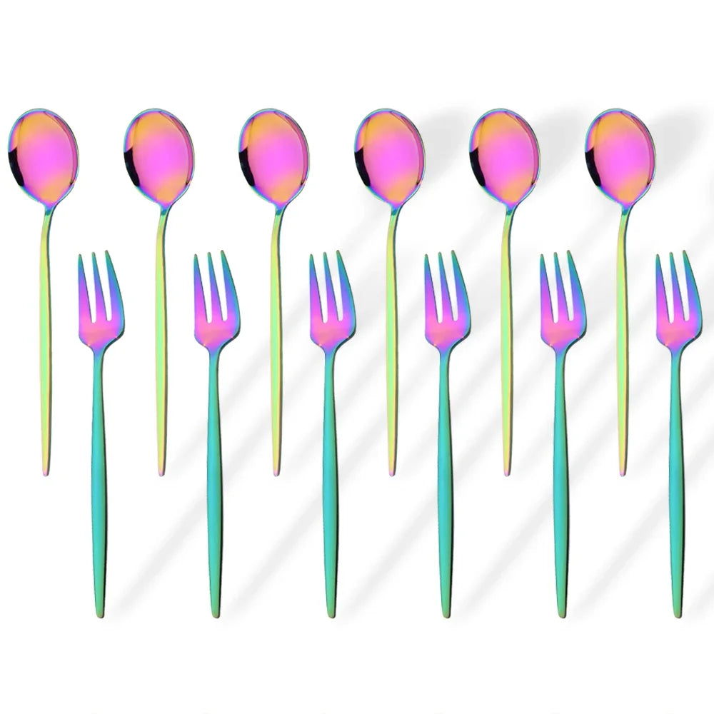 Hemasa 12Pcs Stainless Steel  Gold Fork Spoon Set/ Cake Fork Snack Salad Coffee Fruit Fork Spoon Cutlery Kitchen Dinnerware Set
