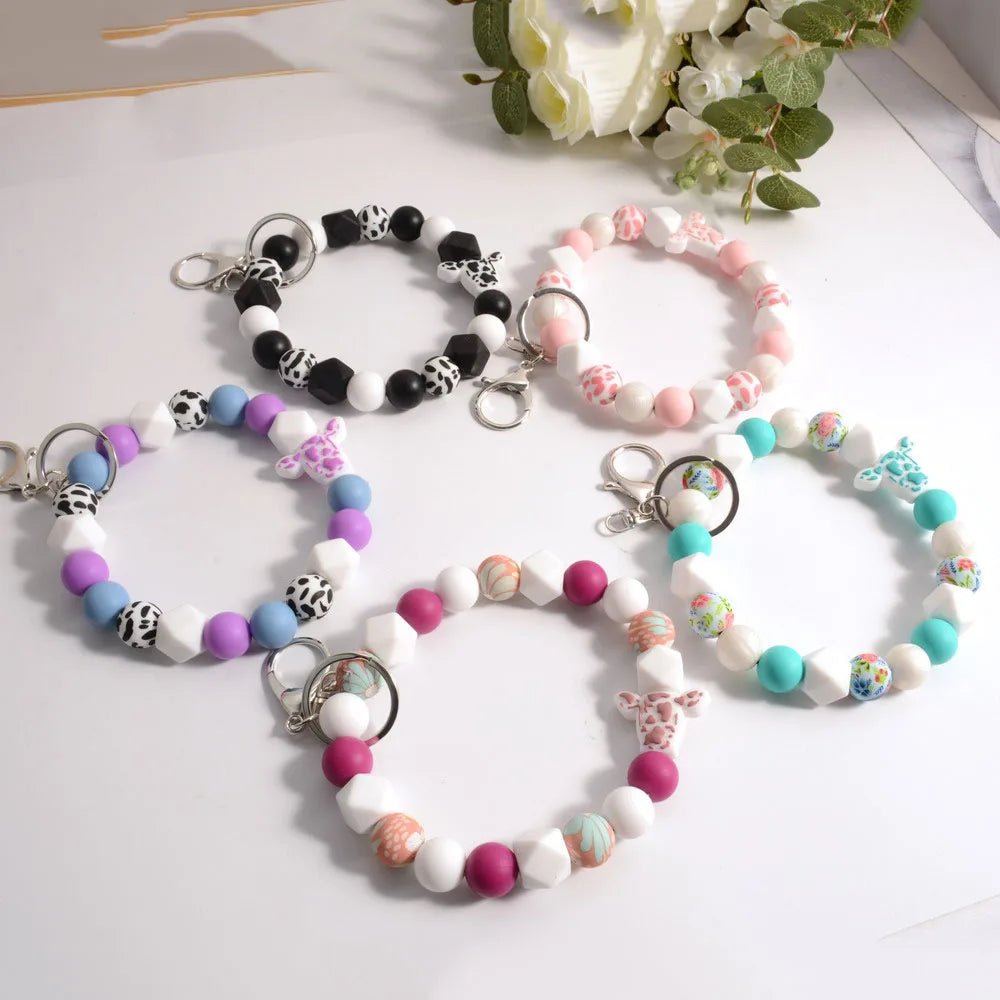 Hemasa Personalized Bangle Silicone Bead  Stretch Wristlet bracelet/ Keychain with  Keyring Gift for Teacher Mom Nurse Gift