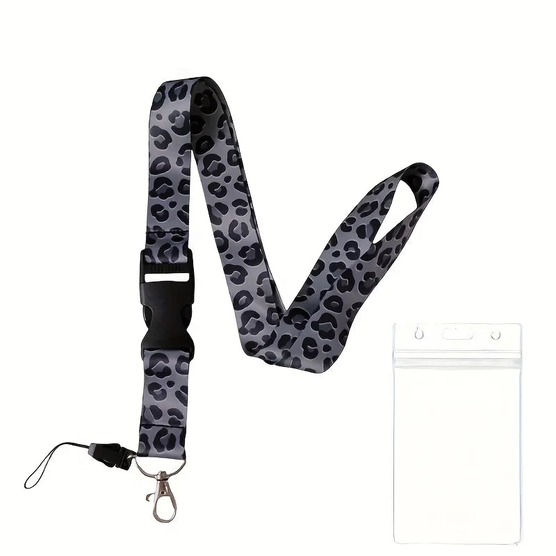 Tejesa  Black Leopard pattern teacher lanyard - Removable keychain and ID card holder, adjustable quick release buckle, ID card holder