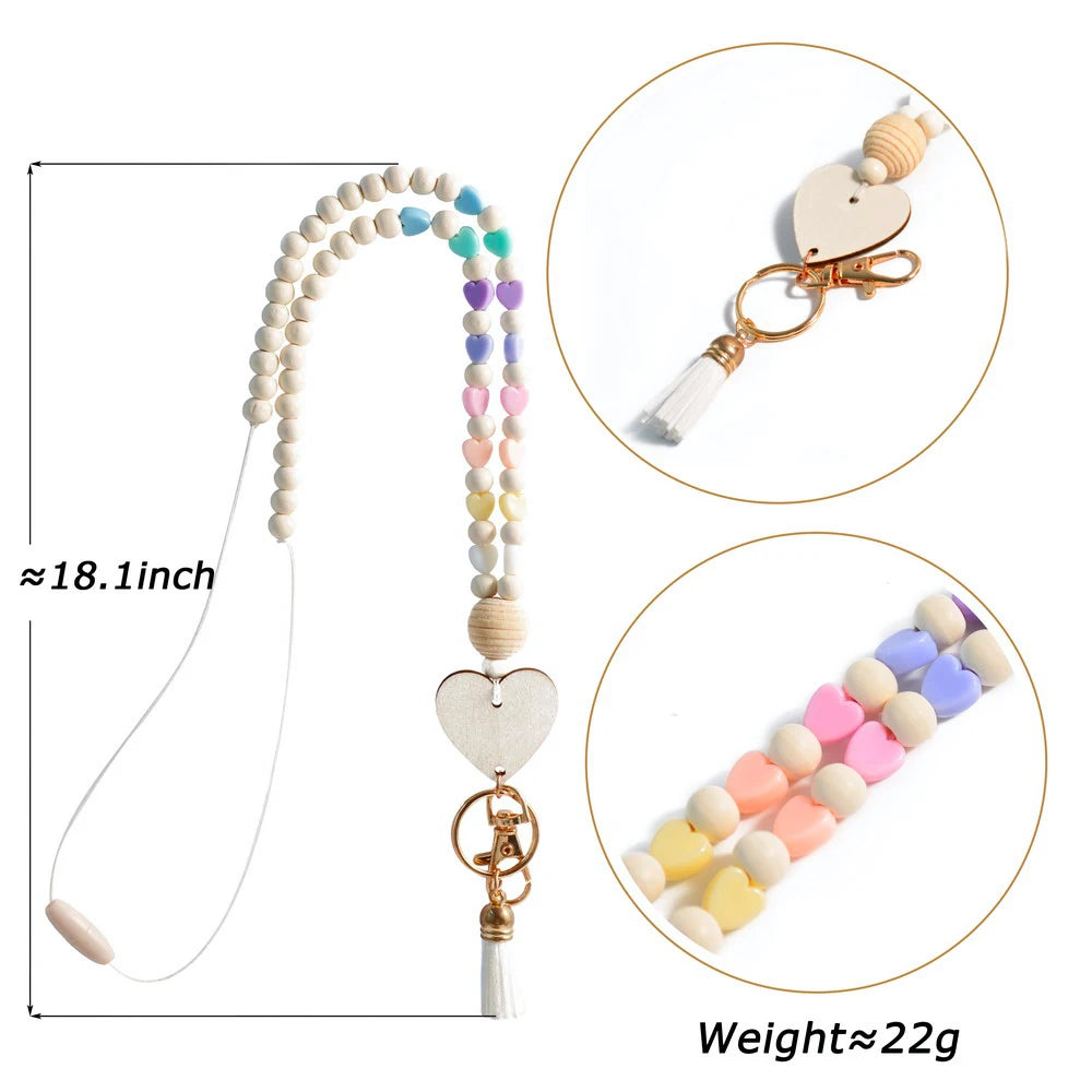 Hemasa  Wooden Beads Acrylic Hearts Teacher Badge ID Holde/r Lanyard