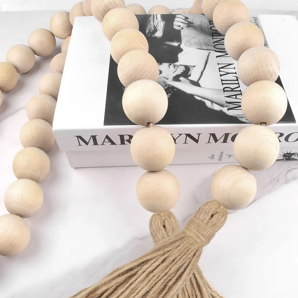 DIY Wood Bead Garland with Tassels Natural Rustic Wooden Prayer Boho Beads For wall hanging decor Vase Door Tiered Tray Decor