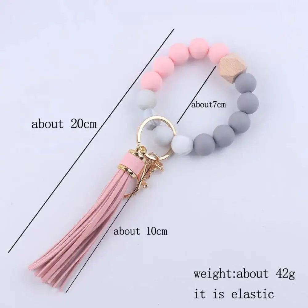 Creative Colorful Wood Silicone Beaded Keychain Lobster Buckle PU leather Tassel Keyring For Women Men Bracelet Keychain Jewelry