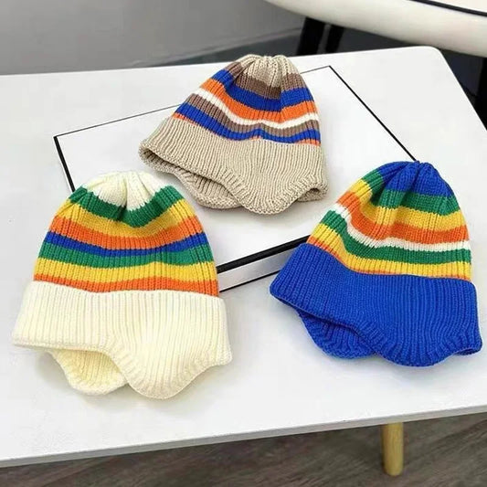 Autumn Winter Baby Hat Fashion Striped Knitted Hats for Boys Girls Toddler Infant Pullover Cap Ear Protection Kids Accessories