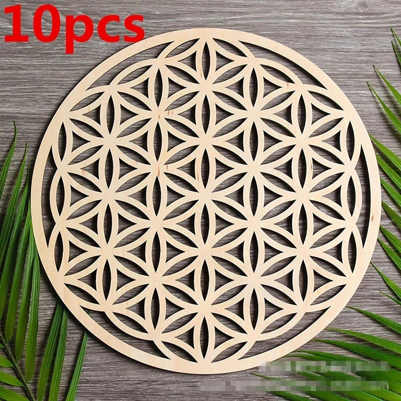 10pcs/lot  Flower of Life Natural Symbol Wood Round Edge Circles Carved Coaster For Stone Crystal Set DIY Decor Mats Pads