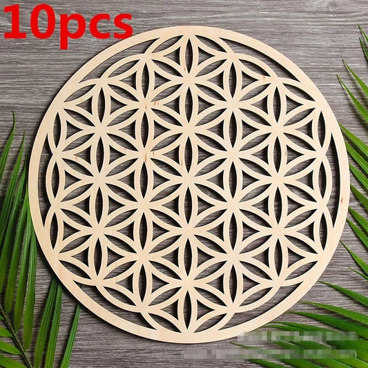 10pcs/lot  Flower of Life Natural Symbol Wood Round Edge Circles Carved Coaster For Stone Crystal Set DIY Decor Mats Pads