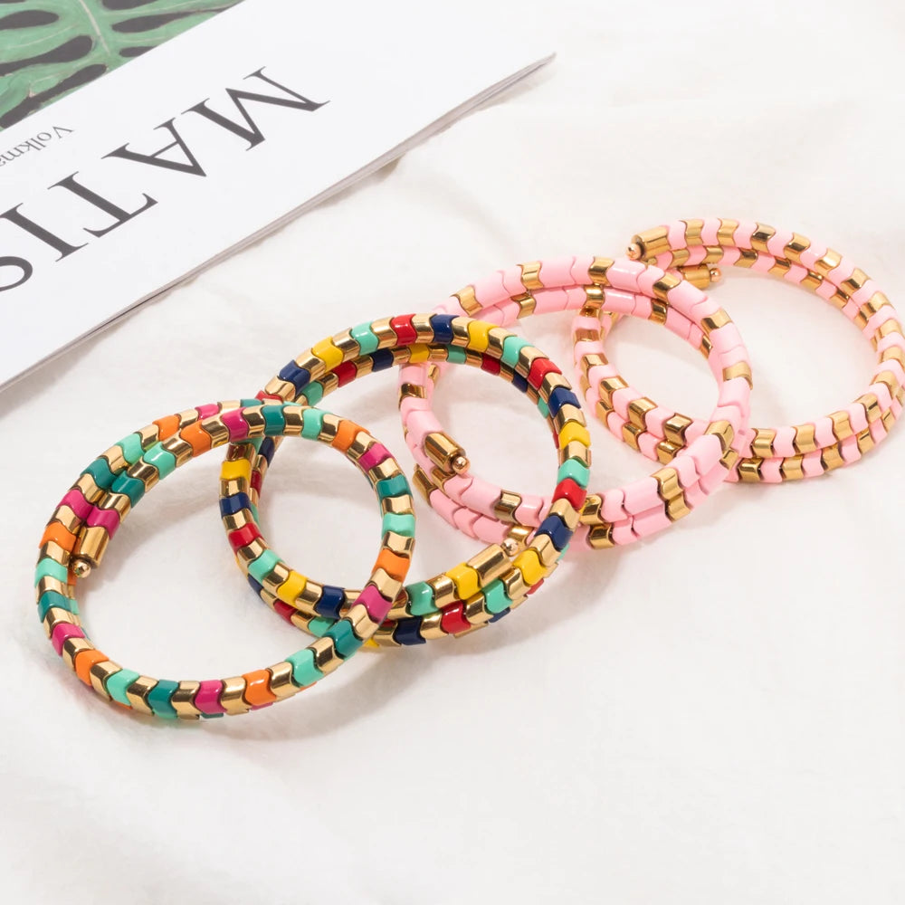 Tejesa 5X6mm Tube Beads Circle Enamel Bangle For Women Beaded Colorful Beads Boho Hand Accessory