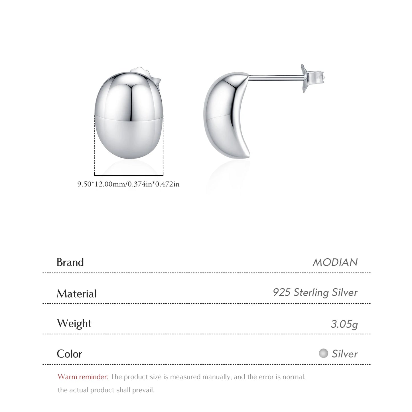MODIAN 925 Sterling Silver Trendy Minimalist Oval Mirror Metal Design Stud Earrings For Women Vacation Daily Fine Jewelry