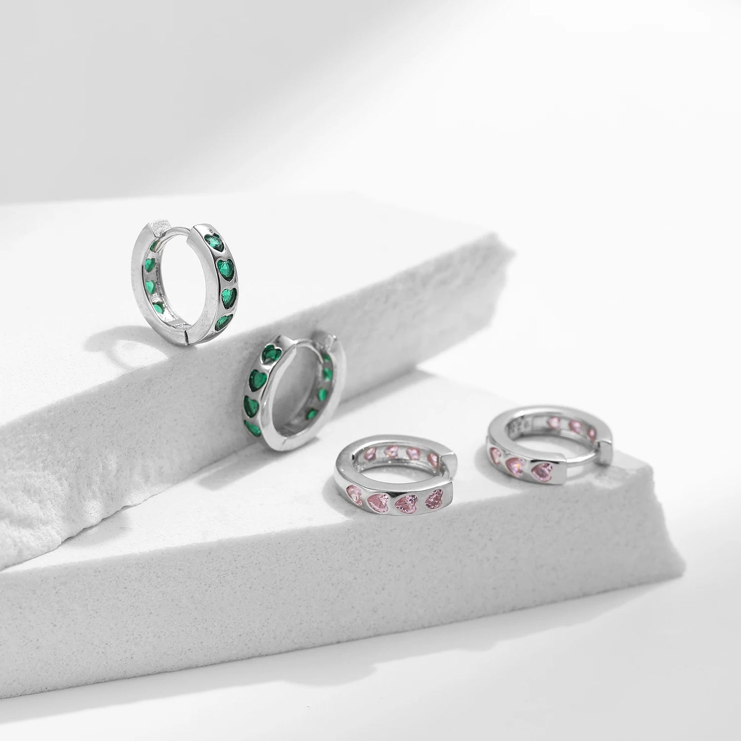 MODIAN 925 Sterling Silver Pink And Green Hearts Zirconia Ear Buckles Exquisite Hoop Earrings For Women Original Design Jewelry