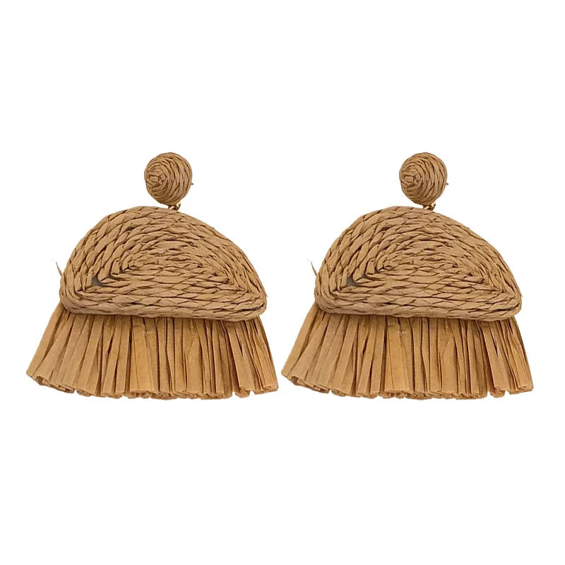 Hemasa Bohemian Straw Woven Water Drop Geometric Earrings for Women Fashion Vintage Holiday Jewelry