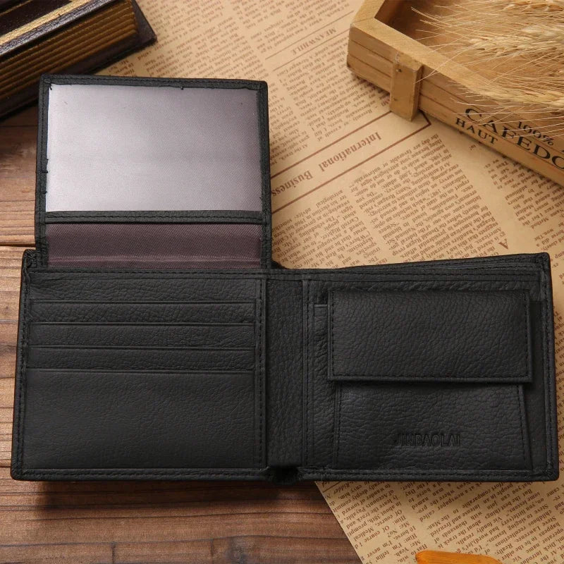 Genuine Leather Men Wallet Cowhide Wallets For Man Quatlity Case Concise Short Black Credit Card Cash Receipt Holder Purse