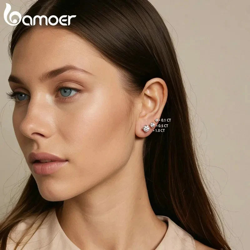 BAMOER Gold Plated Round Moissanite Stud Earrings for Women, 925 Sterling Silver Classic Engagement Wedding Jewelry Gift MSE038