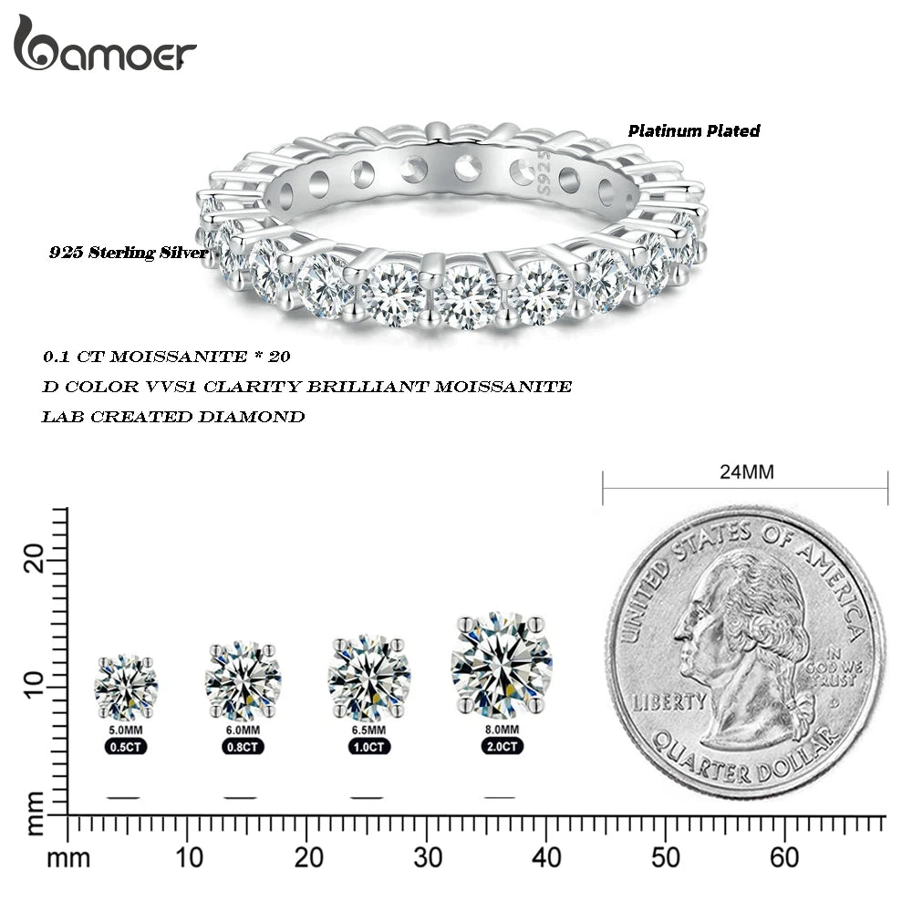BAMOER Platinum Plated Moissanite Ring Full / Half Eternity Band for Women 925 Sterling Silver Diamond Wedding Engagement Ring