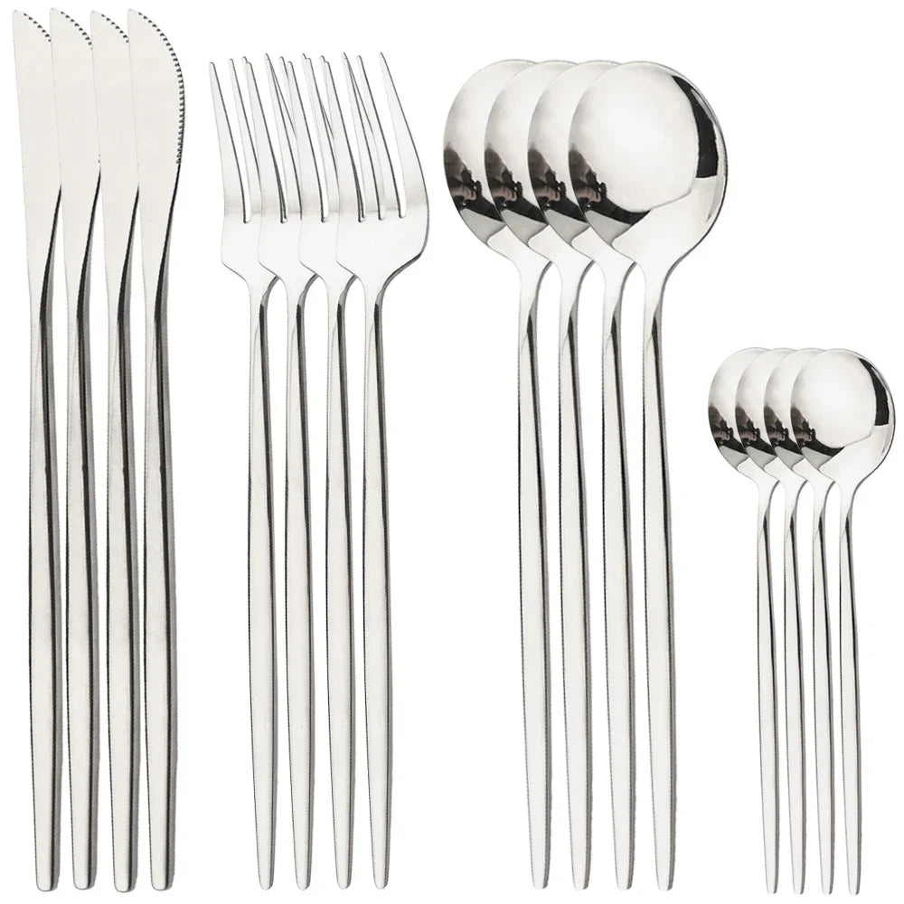 Hemasa 16Pcs Cutlery Set Stainless Steel Mirror TablewareDinner Black Gold Dinnerware Set Knife Fruit Fork Spoon Silverware Kitchen