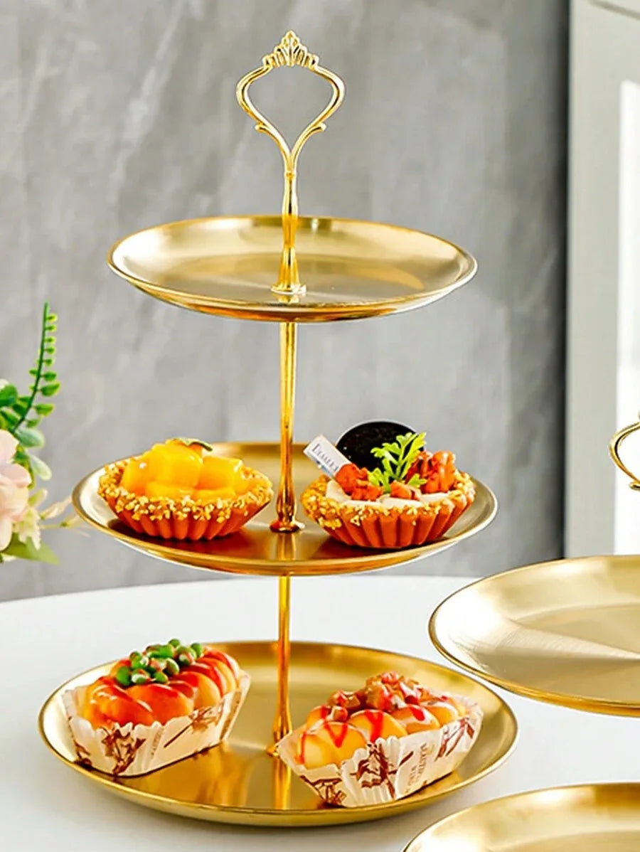 Tejesa 1/2pcs Stainless Steel Gold Dessert Tray, Multi-Tier Cake Stand, Cake Plate, Snack Platter, For Tea Party, Birthday, Wedding