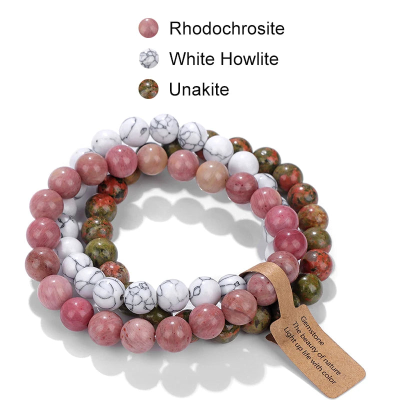 Hemasa  Cat Eye Beaded Bracelets 3Pcs/Set Natural Stone Amethyst Beads Bracelets Multicolor Stretch Bangle Women Yoga Wrist Jewelry