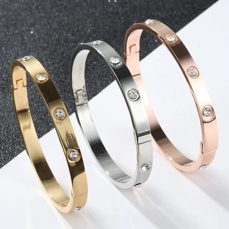 Gold Plating Lover Bracelets&Bangles for Women Rose Gold Color Luxury Stainless Steel Charming CZ Cuff Bracele